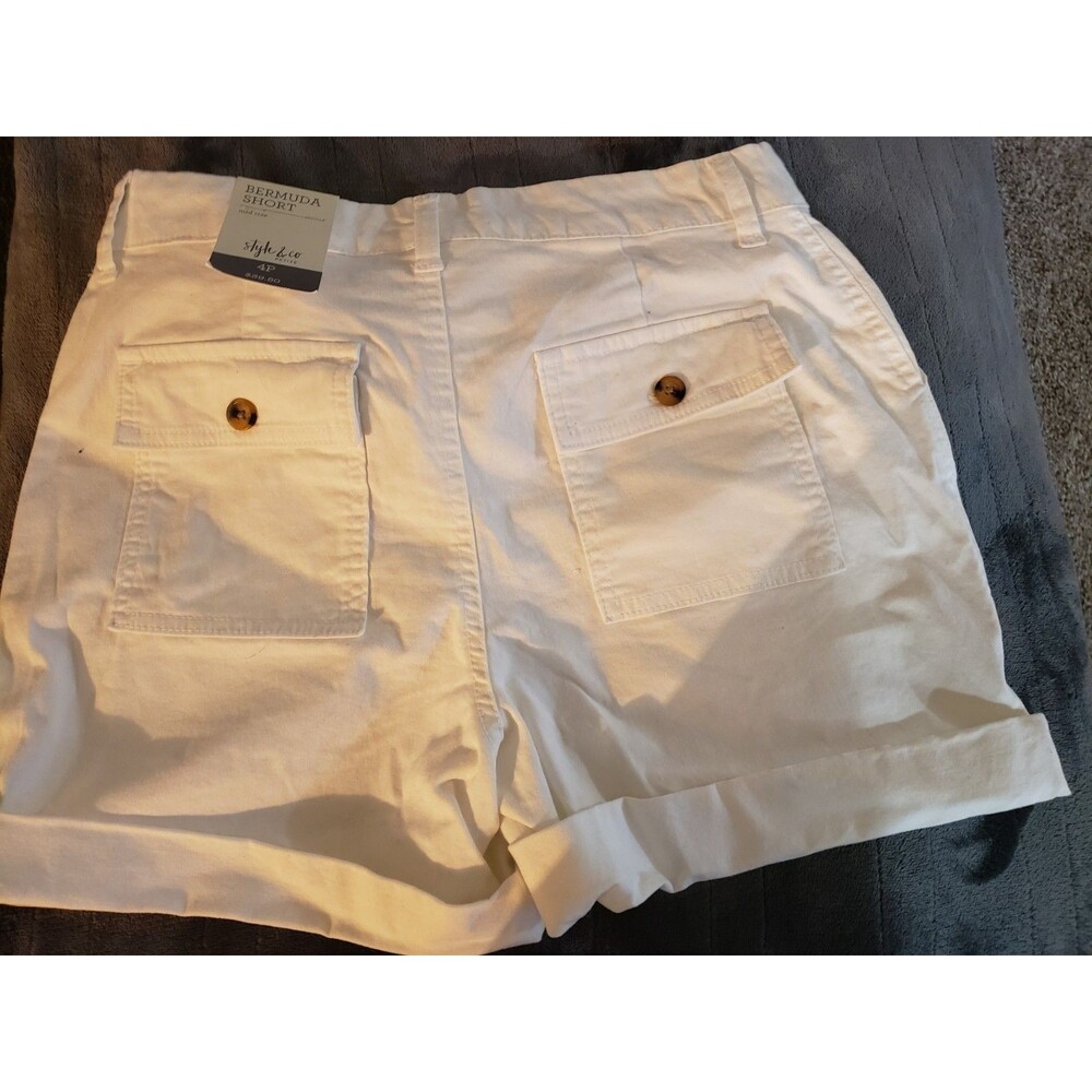 Style & Co Petite Cotton Rolled-Cuff Bermuda Shorts White Sz 4P NEW with TAGS
